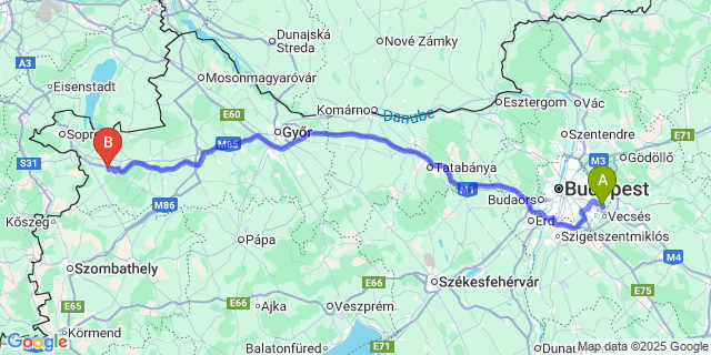 Map: Budapest Airport (BUD), Ferihegy, Liszt Ferenc to Ebergőc