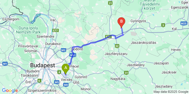 Map: Budapest Airport (BUD), Ferihegy, Liszt Ferenc to Ecséd