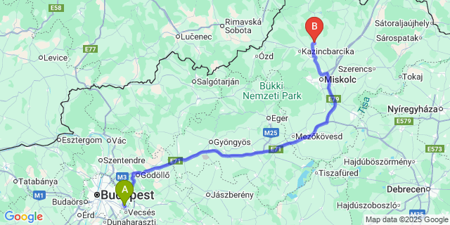 Map: Budapest Airport (BUD), Ferihegy, Liszt Ferenc to Edelény