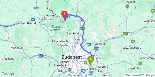 Map: Budapest Airport (BUD), Liszt Ferenc to Edeske Aliz, Nagymaros