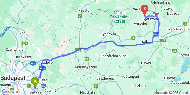 Map: Budapest Airport (BUD), Ferihegy, Liszt Ferenc to Egerszólát