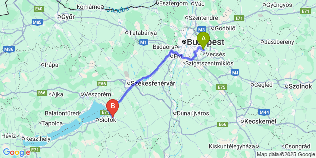 Map: Budapest Airport (BUD), Ferihegy, Liszt Ferenc to Enying