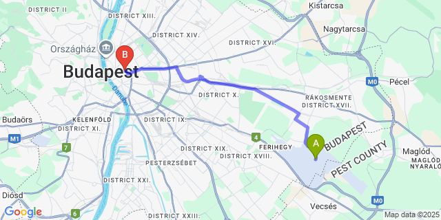 Map: Budapest Airport (BUD), Ferihegy, Liszt Ferenc to Equity Point Budapest - Hostel