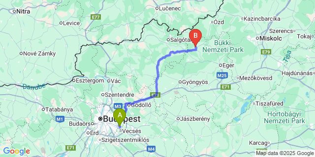 Map: Budapest Airport (BUD), Ferihegy, Liszt Ferenc to Erdőkövesd