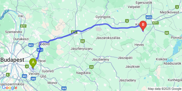 Map: Budapest Airport (BUD), Ferihegy, Liszt Ferenc to Erdőtelek