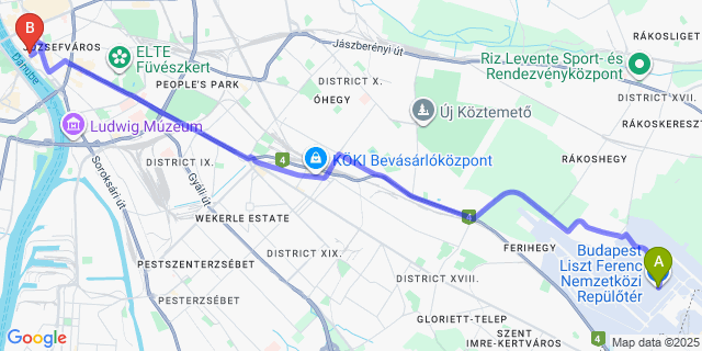 Map: Budapest Airport (BUD), Ferihegy, Liszt Ferenc to Estilo Fashion Hotel