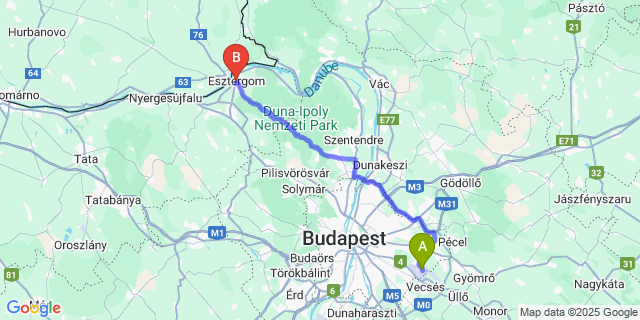 Map: Budapest Airport (BUD), Ferihegy, Liszt Ferenc to Esztergom