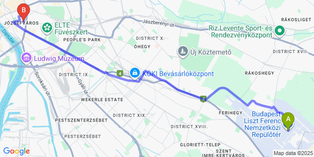 Map: Budapest Airport (BUD), Ferihegy, Liszt Ferenc to Eurostars Palazzo Zichy