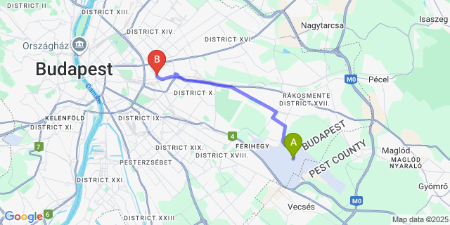 Map: Budapest Airport (BUD), Ferihegy, Liszt Ferenc to Expo Congress Hotel
