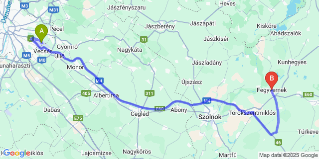 Map: Budapest Airport (BUD), Ferihegy, Liszt Ferenc to Fegyvernek