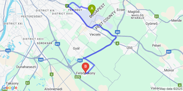 Map: Budapest Airport (BUD), Ferihegy, Liszt Ferenc to Felsőpakony