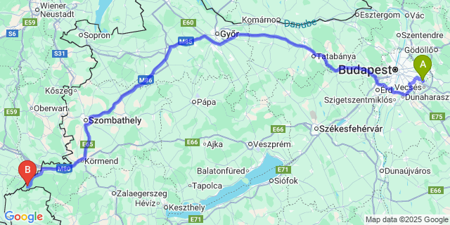 Map: Budapest Airport (BUD), Ferihegy, Liszt Ferenc to Felsőszölnök