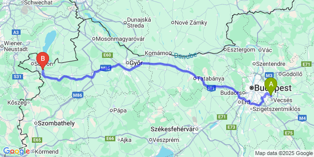Map: Budapest Airport (BUD), Ferihegy, Liszt Ferenc to Fertőboz