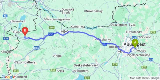 Map: Budapest Airport (BUD), Ferihegy, Liszt Ferenc to Fertőszéplak