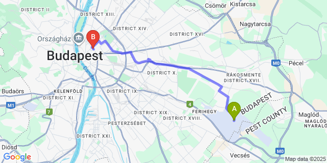 Map: Budapest Airport (BUD), Ferihegy, Liszt Ferenc to Friends Hostel and Apartments Budapest