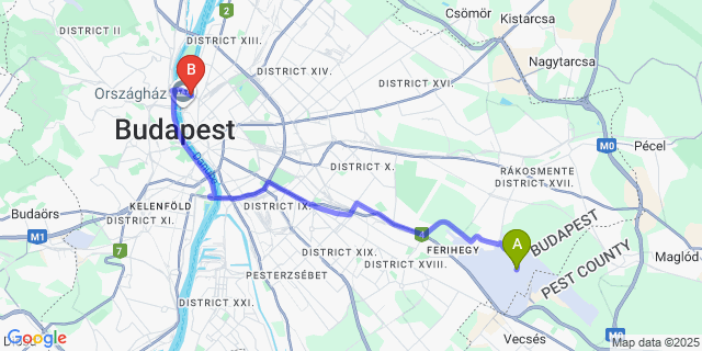 Map: Budapest Airport (BUD), Ferihegy, Liszt Ferenc to Full Moon Budapest
