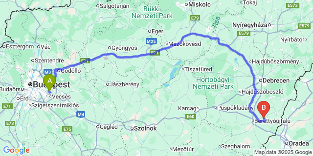 Map: Budapest Airport (BUD), Ferihegy, Liszt Ferenc to Gáborján