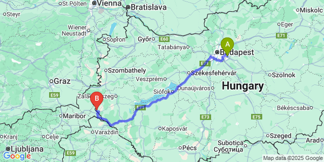 Map: Budapest Airport (BUD), Ferihegy, Liszt Ferenc to Gáborjánháza