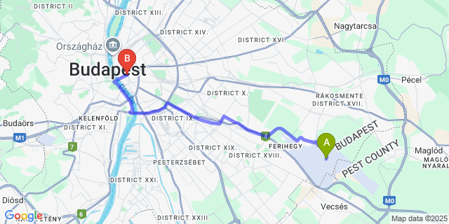 Map: Budapest Airport (BUD), Ferihegy, Liszt Ferenc to Gaia Hostel