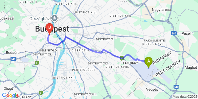 Map: Budapest Airport (BUD), Ferihegy, Liszt Ferenc to Gold Apartments