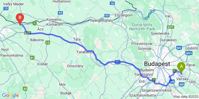 Map: Budapest Airport (BUD), Ferihegy, Liszt Ferenc to Gönyű