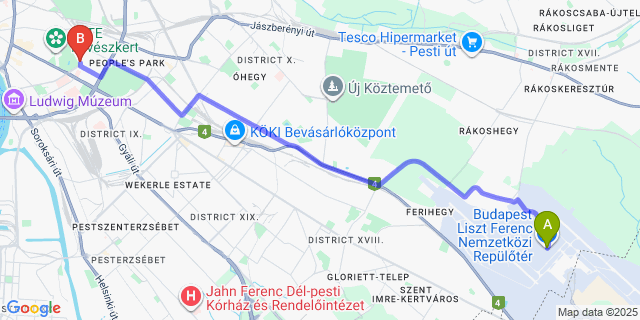 Map: Budapest Airport (BUD), Ferihegy, Liszt Ferenc to Guest House Orczy Park