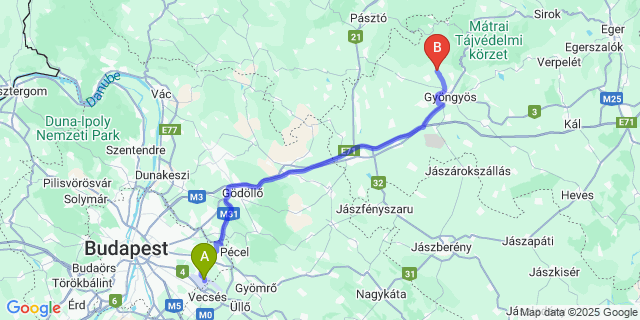 Map: Budapest Airport (BUD), Ferihegy, Liszt Ferenc to Gyöngyösoroszi