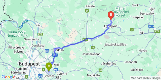 Map: Budapest Airport (BUD), Ferihegy, Liszt Ferenc to Gyöngyössolymos