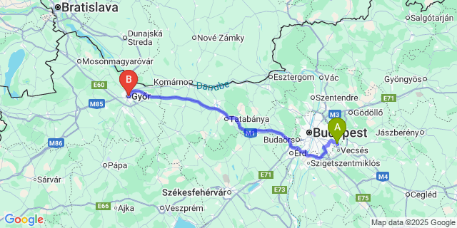 Map: Budapest Airport (BUD), Ferihegy, Liszt Ferenc to Győr