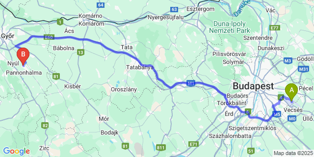 Map: Budapest Airport (BUD), Ferihegy, Liszt Ferenc to Győrság