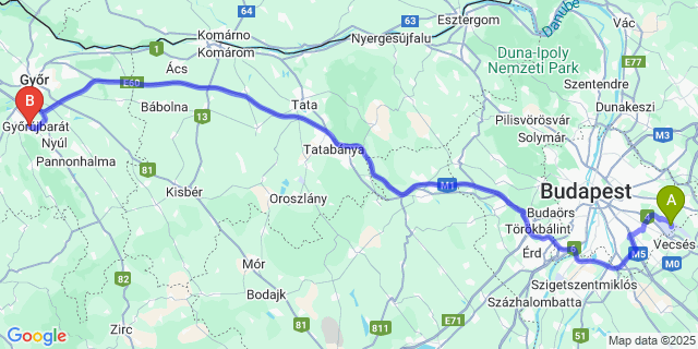 Map: Budapest Airport (BUD), Ferihegy, Liszt Ferenc to Győrújbarát