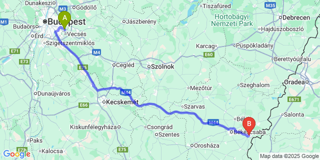 Map: Budapest Airport (BUD), Ferihegy, Liszt Ferenc to Gyula