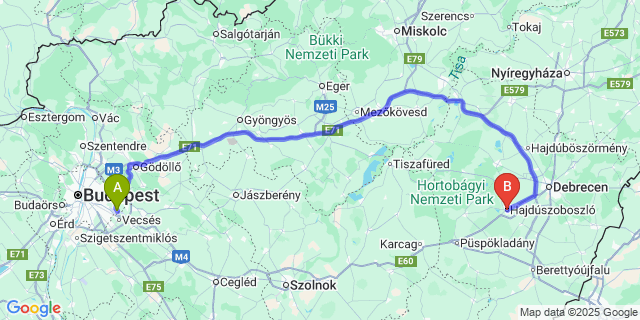 Map: Budapest Airport (BUD), Ferihegy, Liszt Ferenc to Hajdúszoboszló
