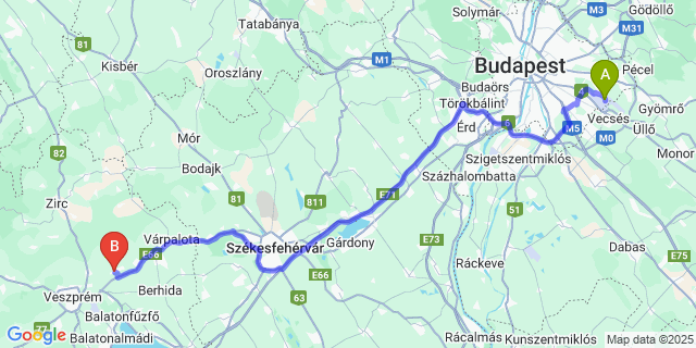 Map: Budapest Airport (BUD), Ferihegy, Liszt Ferenc to Hajmáskér