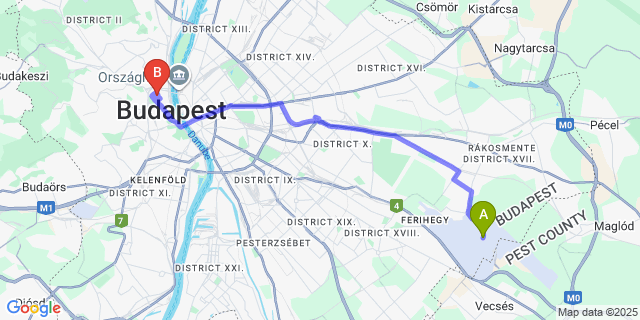 Map: Budapest Airport (BUD), Ferihegy, Liszt Ferenc to Hapimag Resort Budapest