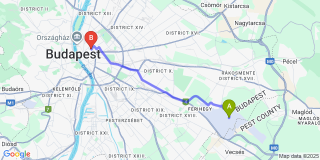 Map: Budapest Airport (BUD), Ferihegy, Liszt Ferenc to happy home Budapest FOX