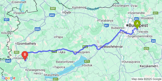 Map: Budapest Airport (BUD), Ferihegy, Liszt Ferenc to Hegyhátszentpéter