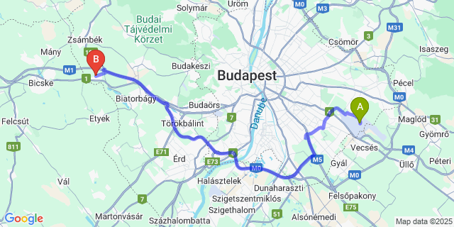 Map: Budapest Airport (BUD), Ferihegy, Liszt Ferenc to Herceghalom