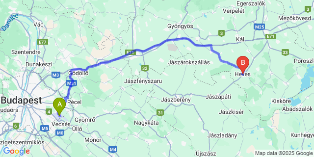 Map: Budapest Airport (BUD), Ferihegy, Liszt Ferenc to Heves