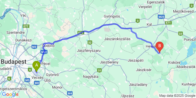 Map: Budapest Airport (BUD), Ferihegy, Liszt Ferenc to Hevesvezekény