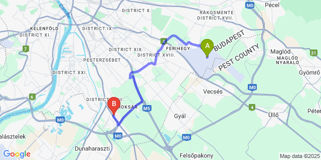 Map: Budapest Airport (BUD), Ferihegy, Liszt Ferenc to Homoky Hotels Bestline Hotel