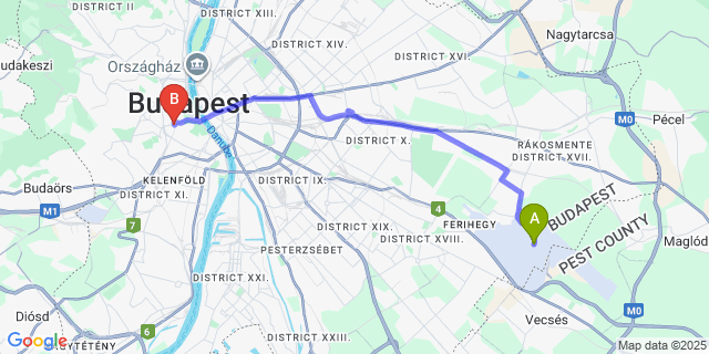 Map: Budapest Airport (BUD), Ferihegy, Liszt Ferenc to Hotel Charles