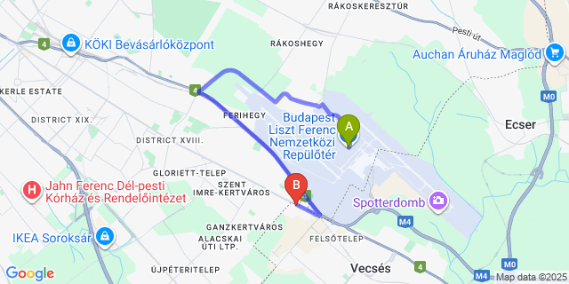 Map: Budapest Airport (BUD), Ferihegy, Liszt Ferenc to Hotel Ferihegy
