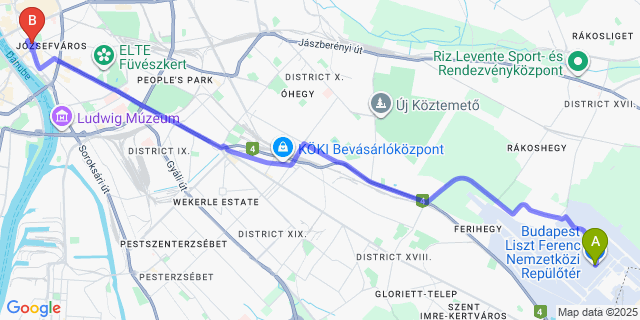 Map: Budapest Airport (BUD), Ferihegy, Liszt Ferenc to Hotel GIN Budapest