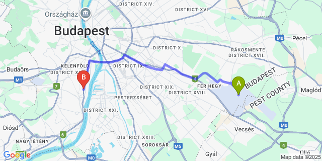 Map: Budapest Airport (BUD), Ferihegy, Liszt Ferenc to Hotel Luna
