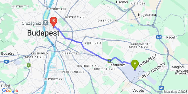 Map: Budapest Airport (BUD), Ferihegy, Liszt Ferenc to Hotel Oktogon Haggenmacher