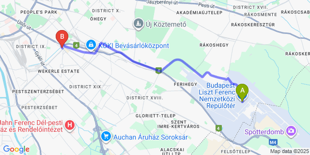Map: Budapest Airport (BUD), Ferihegy, Liszt Ferenc to ibis Budapest Citysouth