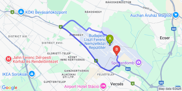 Map: Budapest Airport (BUD), Ferihegy, Liszt Ferenc to ibis Styles Budapest Airport