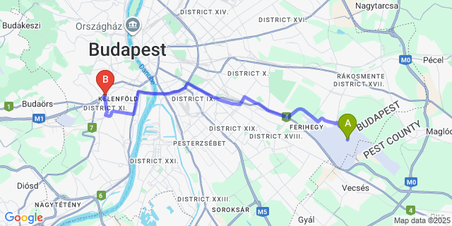 Map: Budapest Airport (BUD), Ferihegy, Liszt Ferenc to Ibis Styles Budapest Citywest