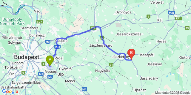 Map: Budapest Airport (BUD), Ferihegy, Liszt Ferenc to Jásztelek